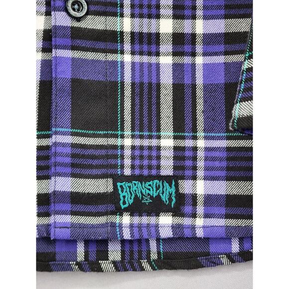 Born Scum Bottom Feeder Shirt Mens Medium Purple Black Plaid Flannel Button Down - Picture 10 of 16